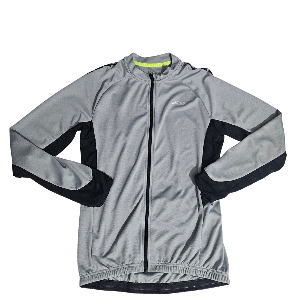 ARSUXEO Mens Long Sleeve Cycling Jersey Grey Black Full Zip Bike Shirt Size M
